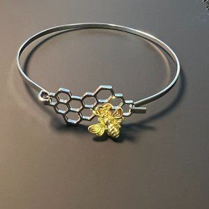 Honey Bee and Hive Silver Tone Hook Closure Bangle Bracelet